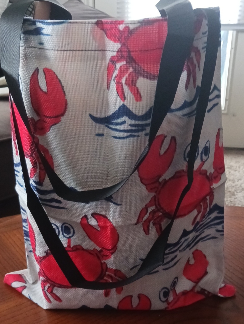 Crab Print Tote Bag with Black Straps